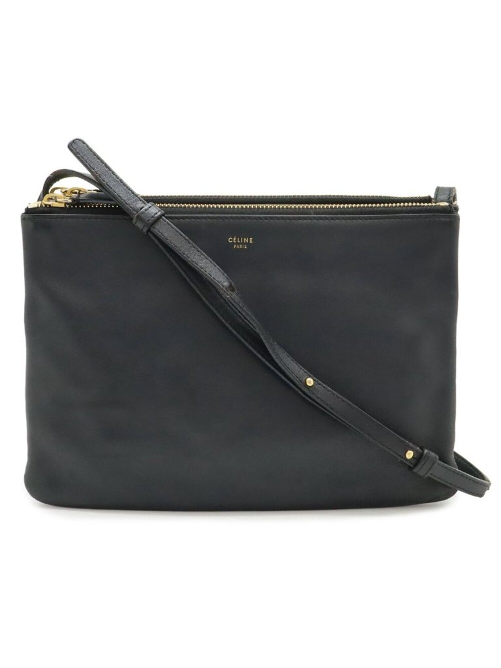 Celine Trio Large Shoulder Bag Pochette Crossbody Pouch Leather Black Gold